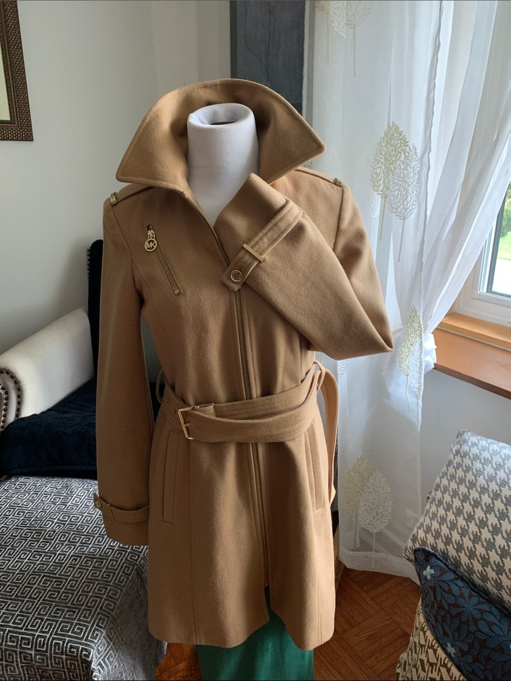 Michael Kors Wool Blend Stand Collar Trench Coat in Brown